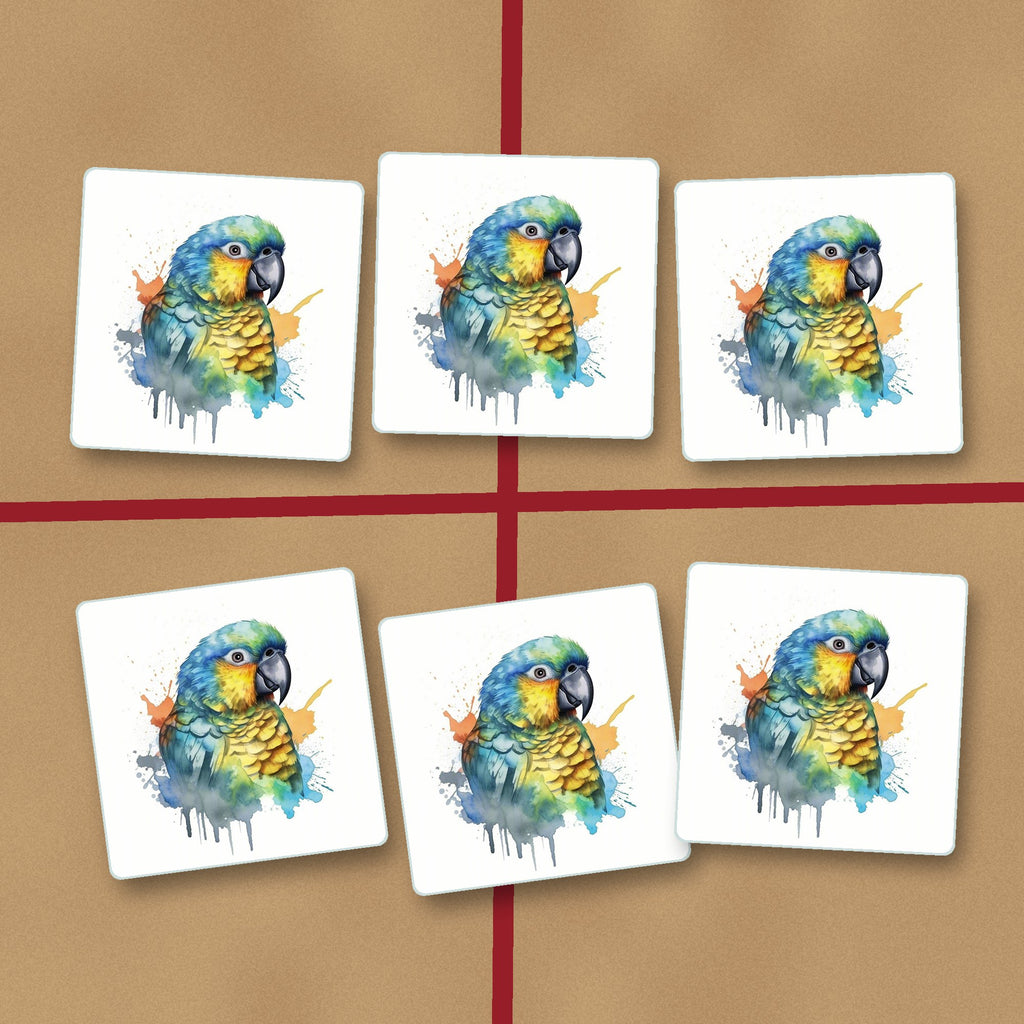Watercolour Parrot square glass coasters on kraft gift wrap
