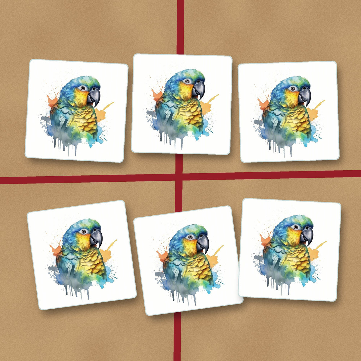 Watercolour Parrot square glass coasters on kraft gift wrap