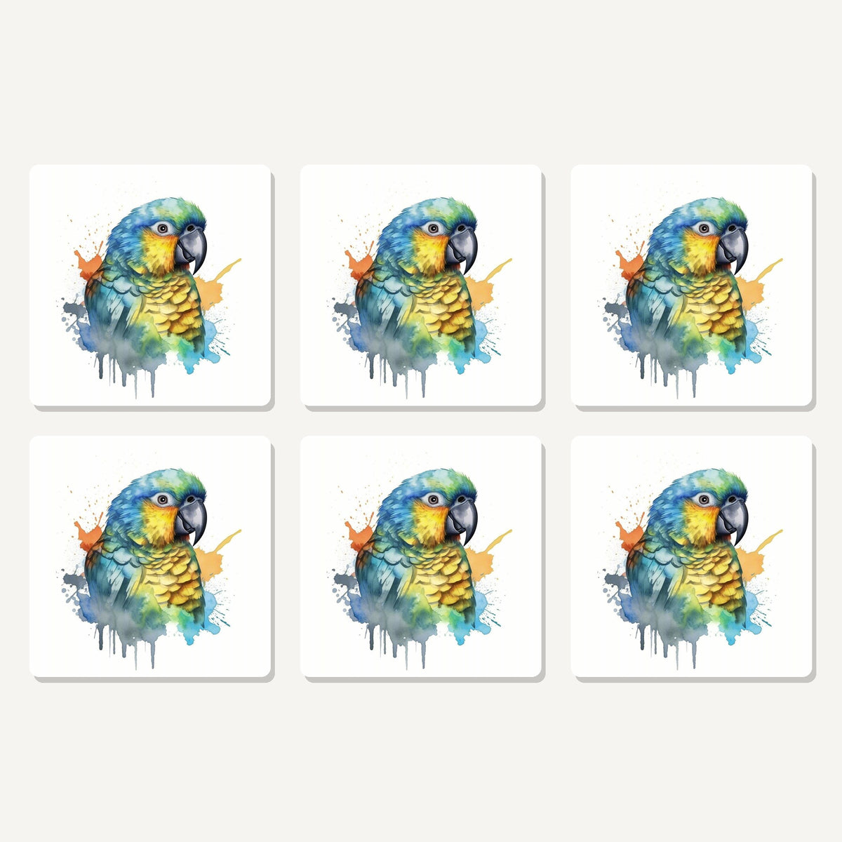 Flat lay of the watercolour parrot artwork on six square coasters