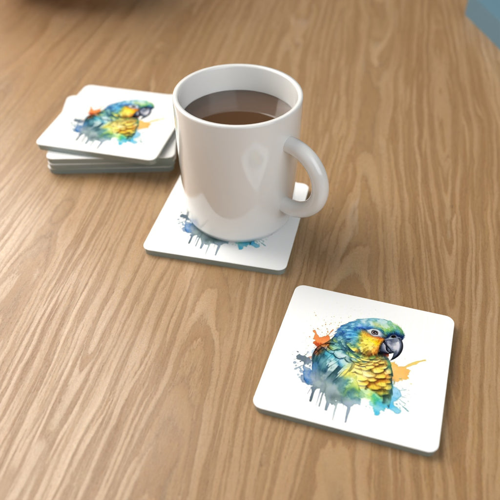 Watercolour Parrot Square Glass Coasters – Set of 6 – lifestyle mockup with a mug of coffee