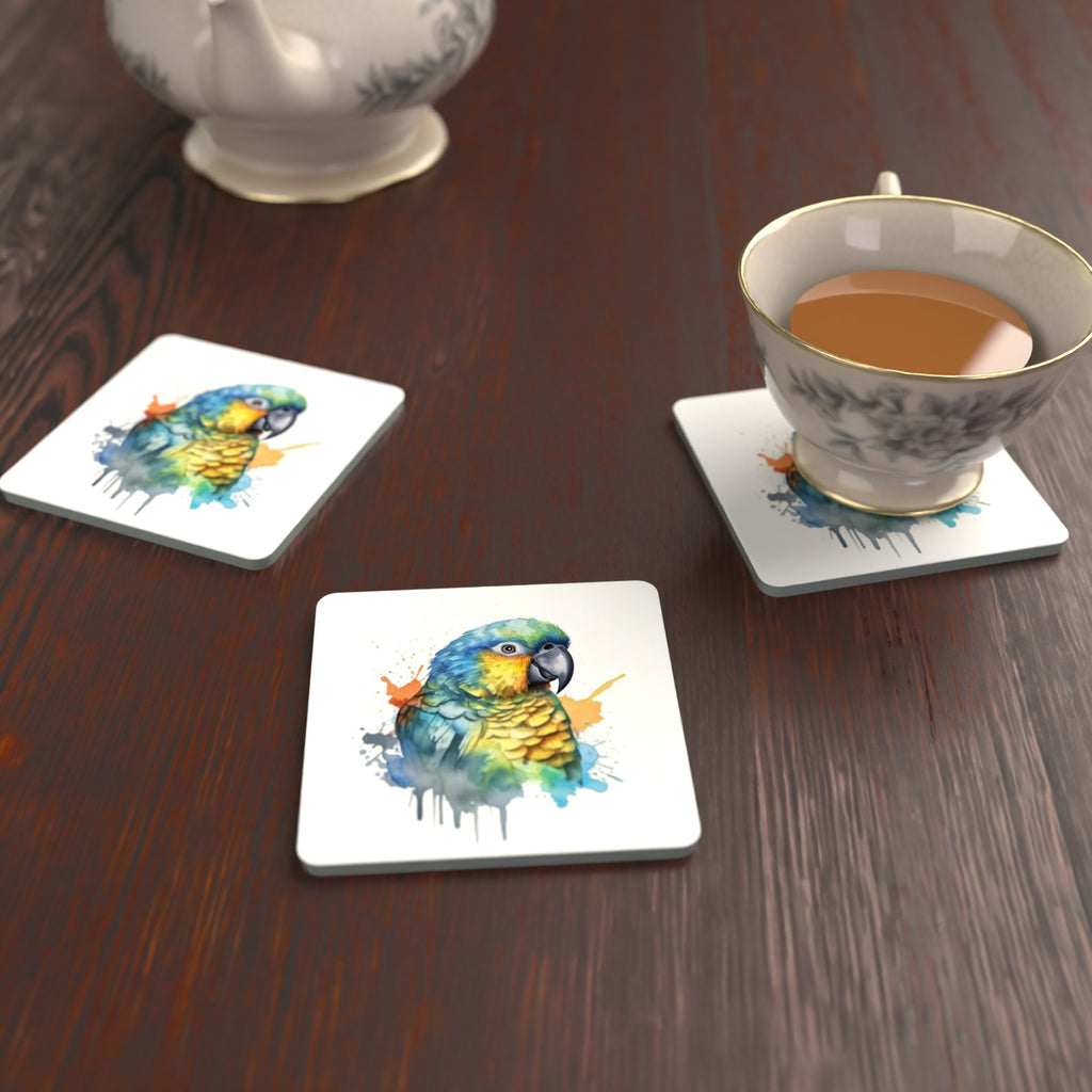 Watercolour Parrot Square Glass Coasters – Set of 6 – lifestyle mockup with a teacup