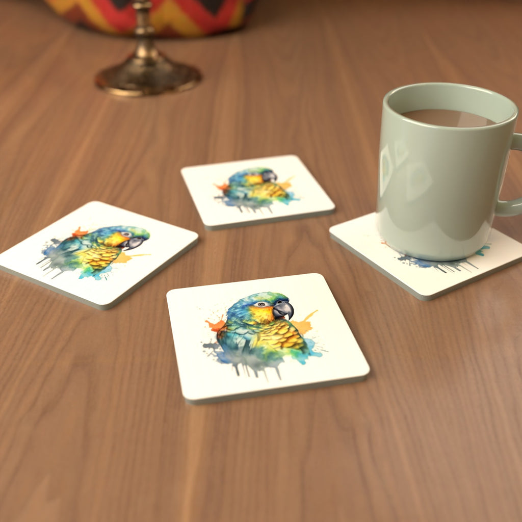 Watercolour Parrot Square Glass Coasters – Set of 6 – cosy lifestyle mockup