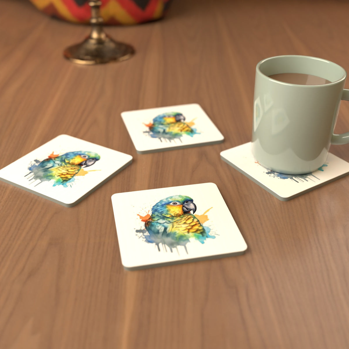 Watercolour Parrot Square Glass Coasters – Set of 6 – cosy lifestyle mockup
