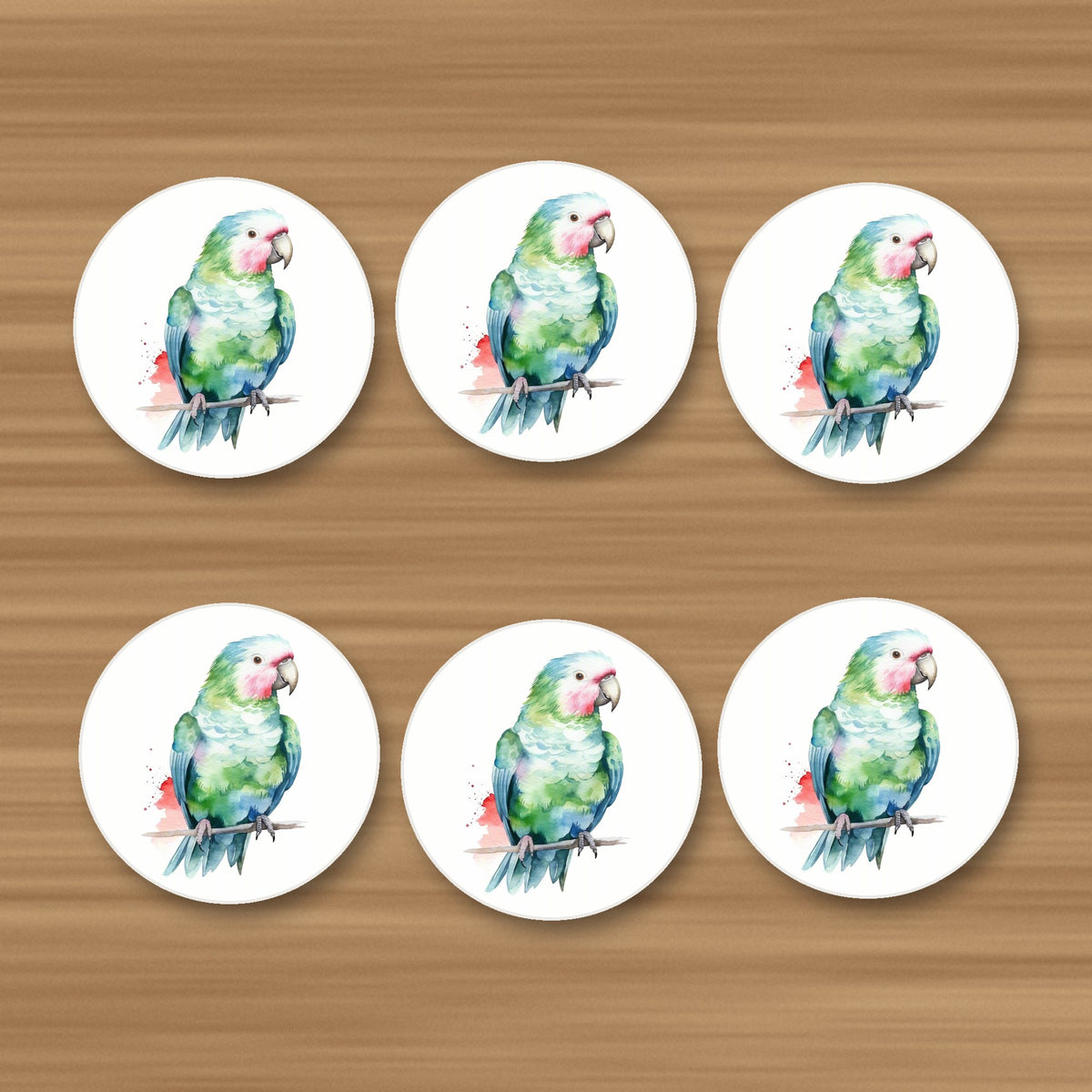 Watercolour Green Parrot on a Branch round ceramic coasters, set of 6, on an oak coffee table
