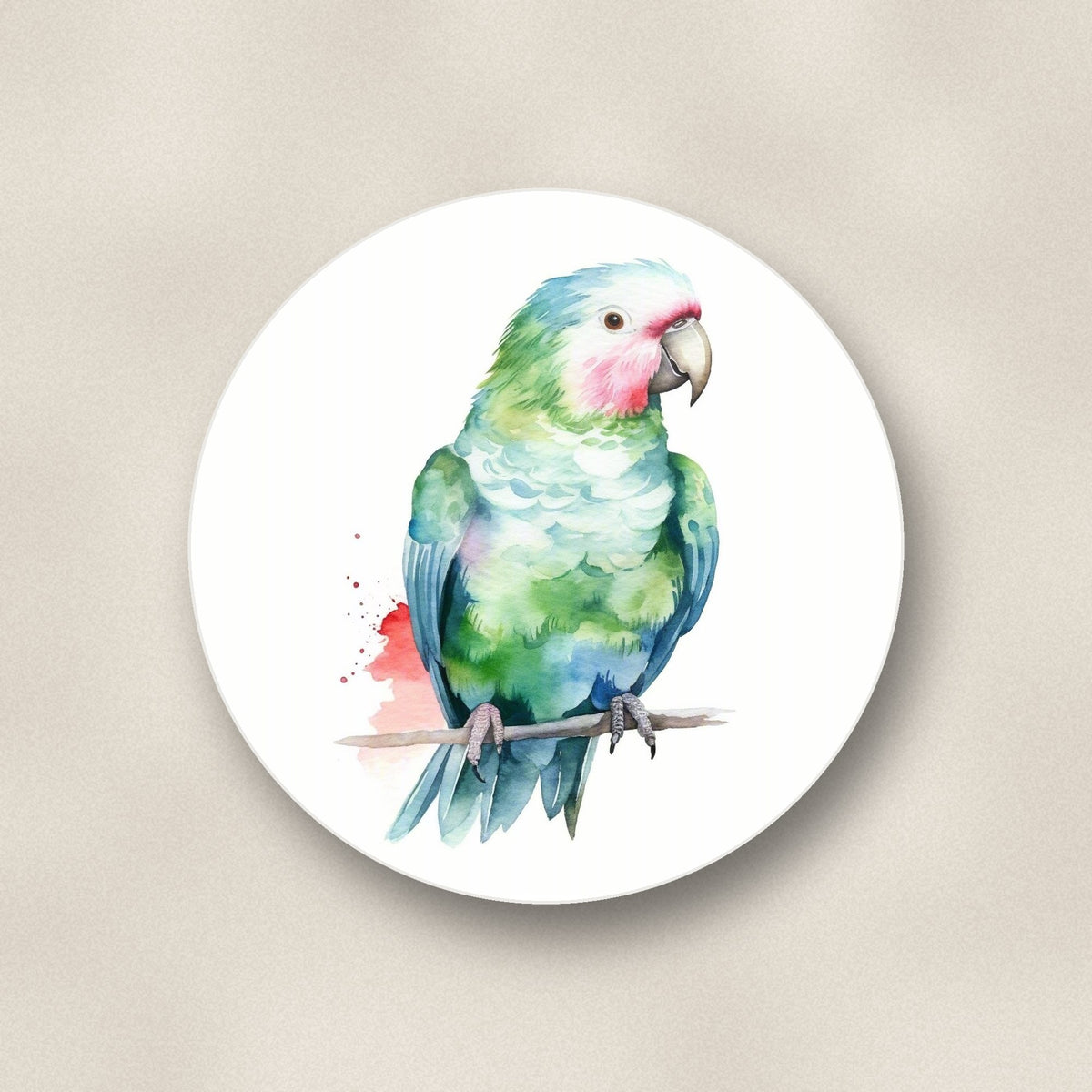 Close-up of one watercolour green parrot on a branch round ceramic coaster, flat UV print