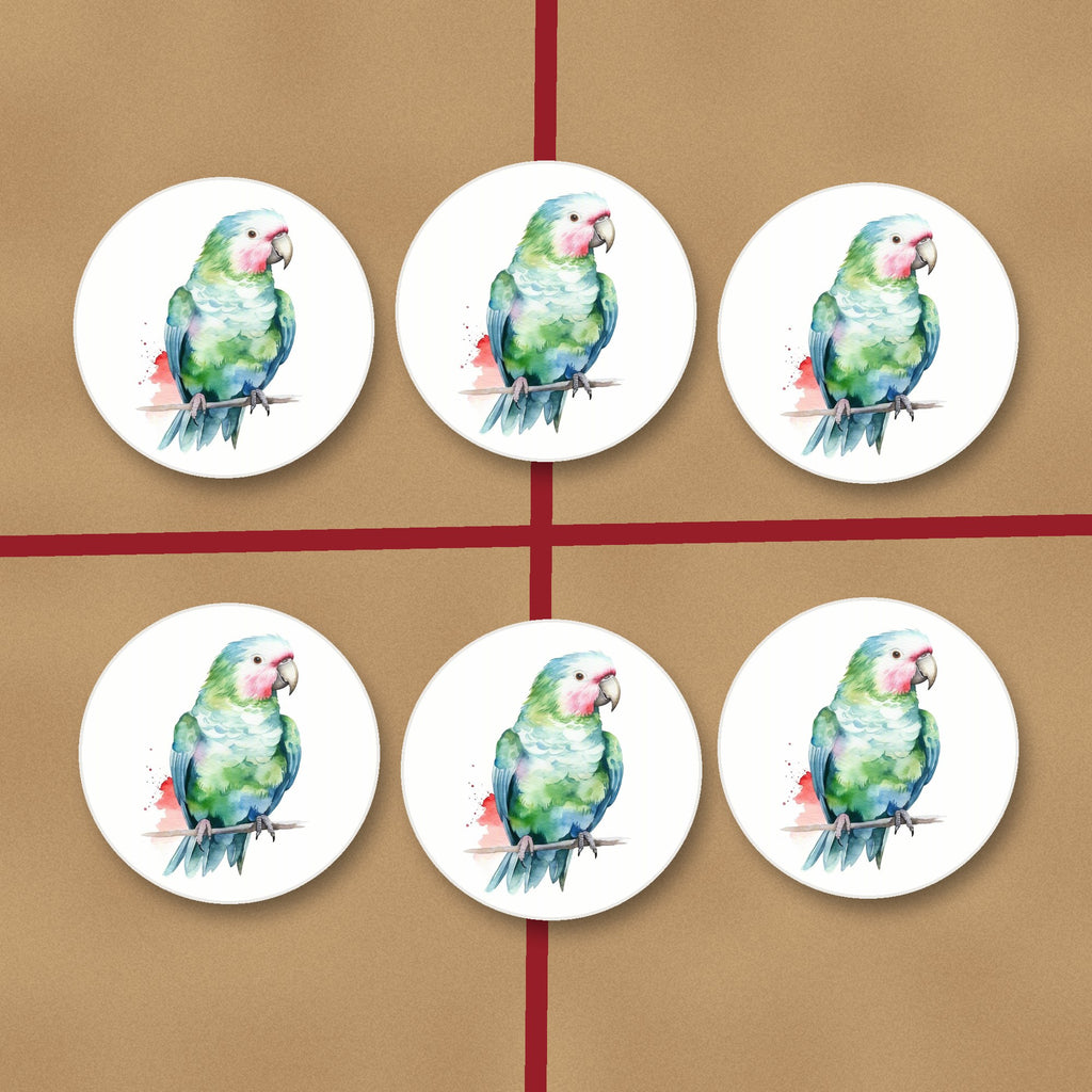 Watercolour Green Parrot on a Branch round ceramic coasters on kraft gift wrap