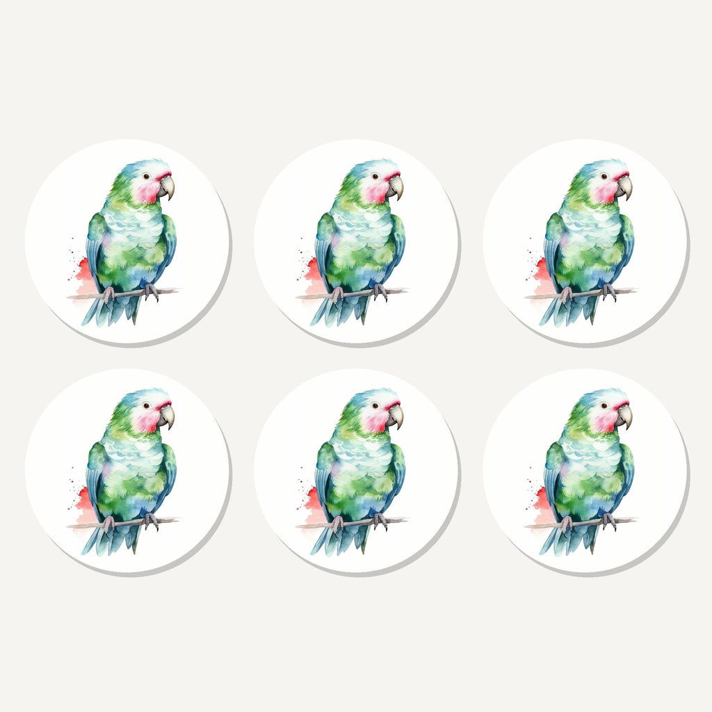 Flat lay of the watercolour green parrot on a branch artwork on six round coasters