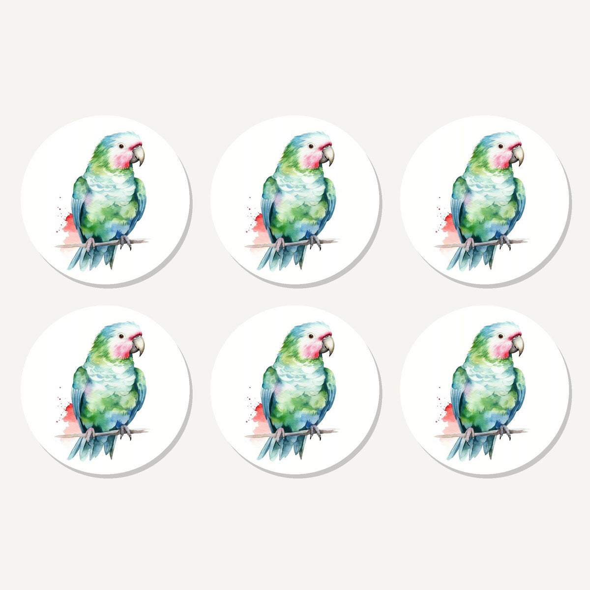 Flat lay of the watercolour green parrot on a branch artwork on six round coasters