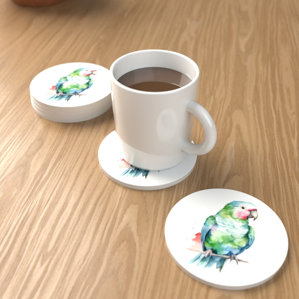 Watercolour Green Parrot on a Branch Round Ceramic Coasters – Set of 6 – lifestyle mockup with a mug of coffee