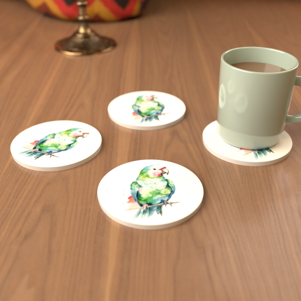 Watercolour Green Parrot on a Branch Round Ceramic Coasters – Set of 6 – cosy lifestyle mockup