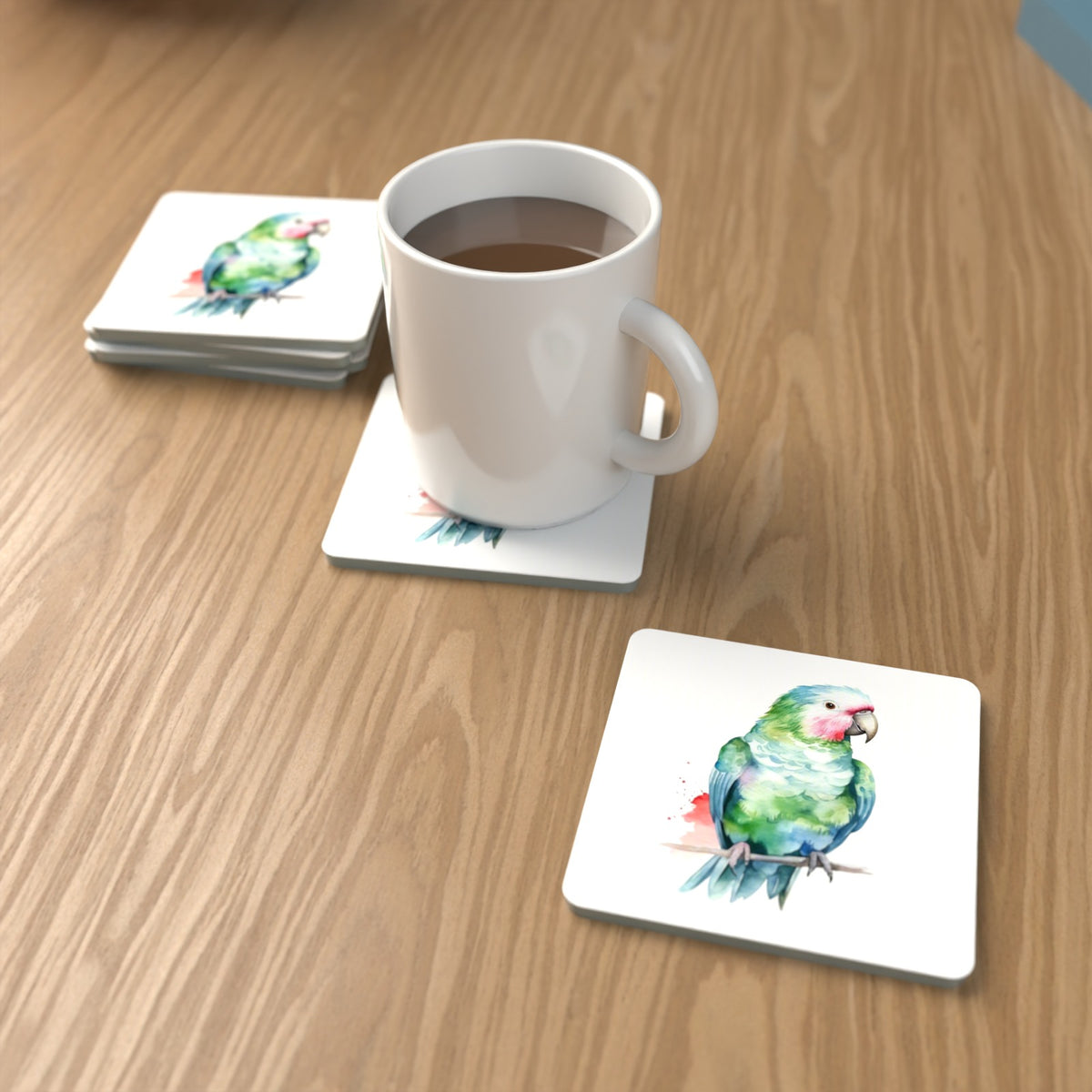 Watercolour Green Parrot on a Branch Square Glass Coasters – Set of 6 – lifestyle mockup with a mug of coffee