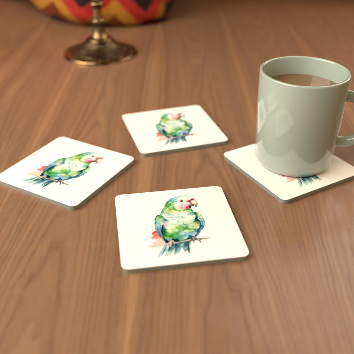 Watercolour Green Parrot on a Branch Square Glass Coasters – Set of 6 – cosy lifestyle mockup