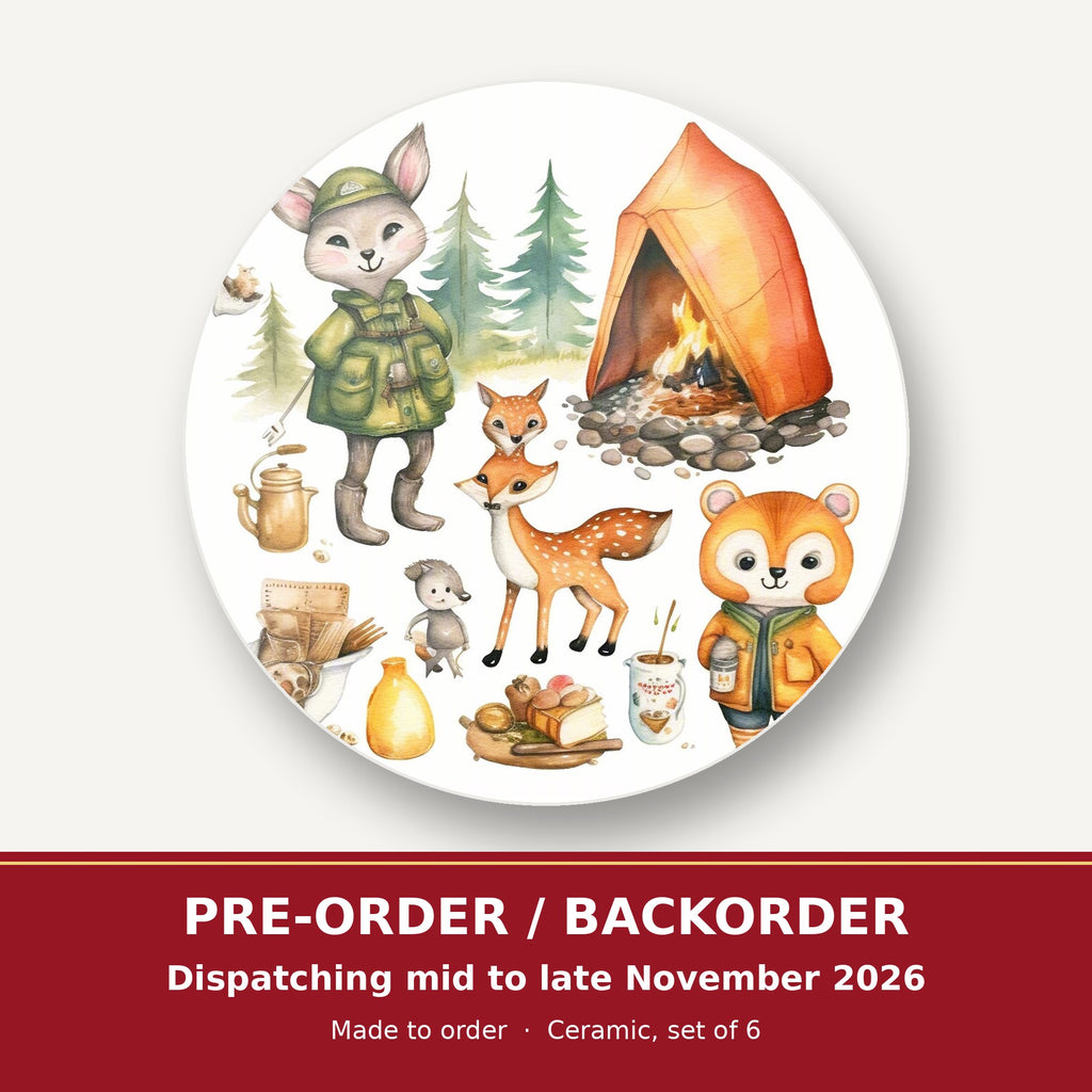 Woodland Camping Friends round ceramic coaster set of 6 – pre-order / backorder, dispatching mid to late November 2026