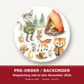 Woodland Camping Friends round ceramic coaster set of 6 – pre-order / backorder, dispatching mid to late November 2026