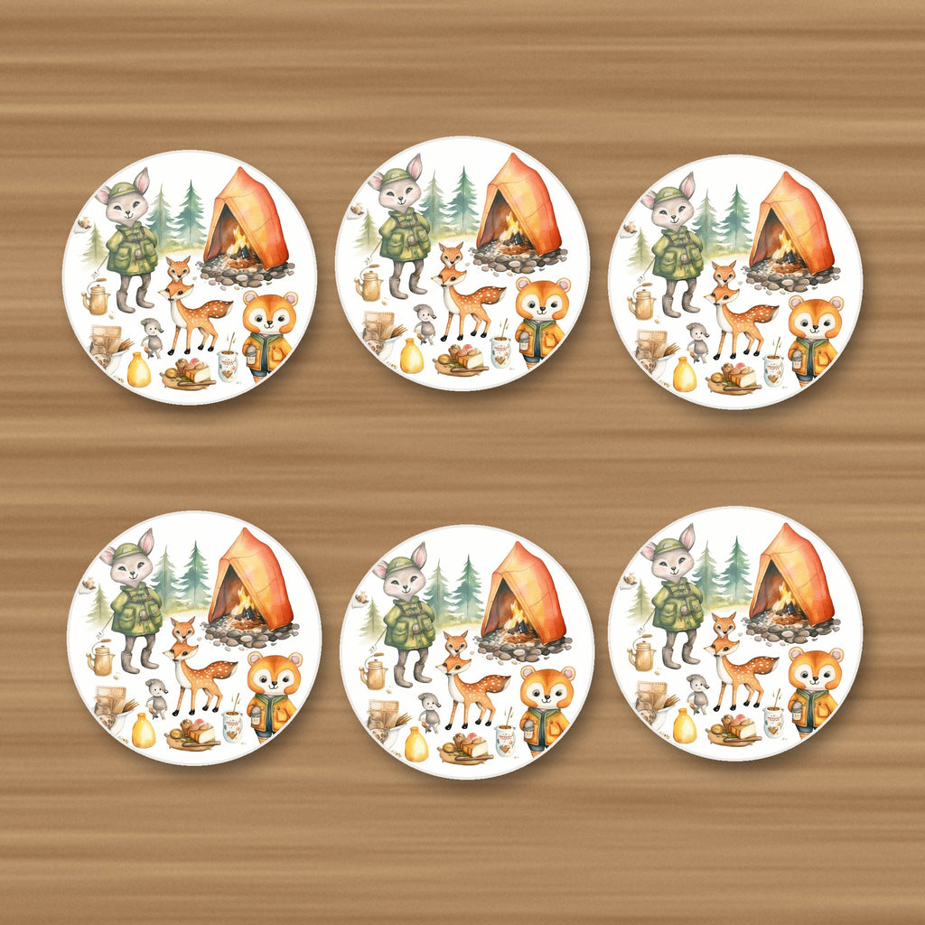 Woodland Camping Friends round ceramic coasters, set of 6, on an oak coffee table