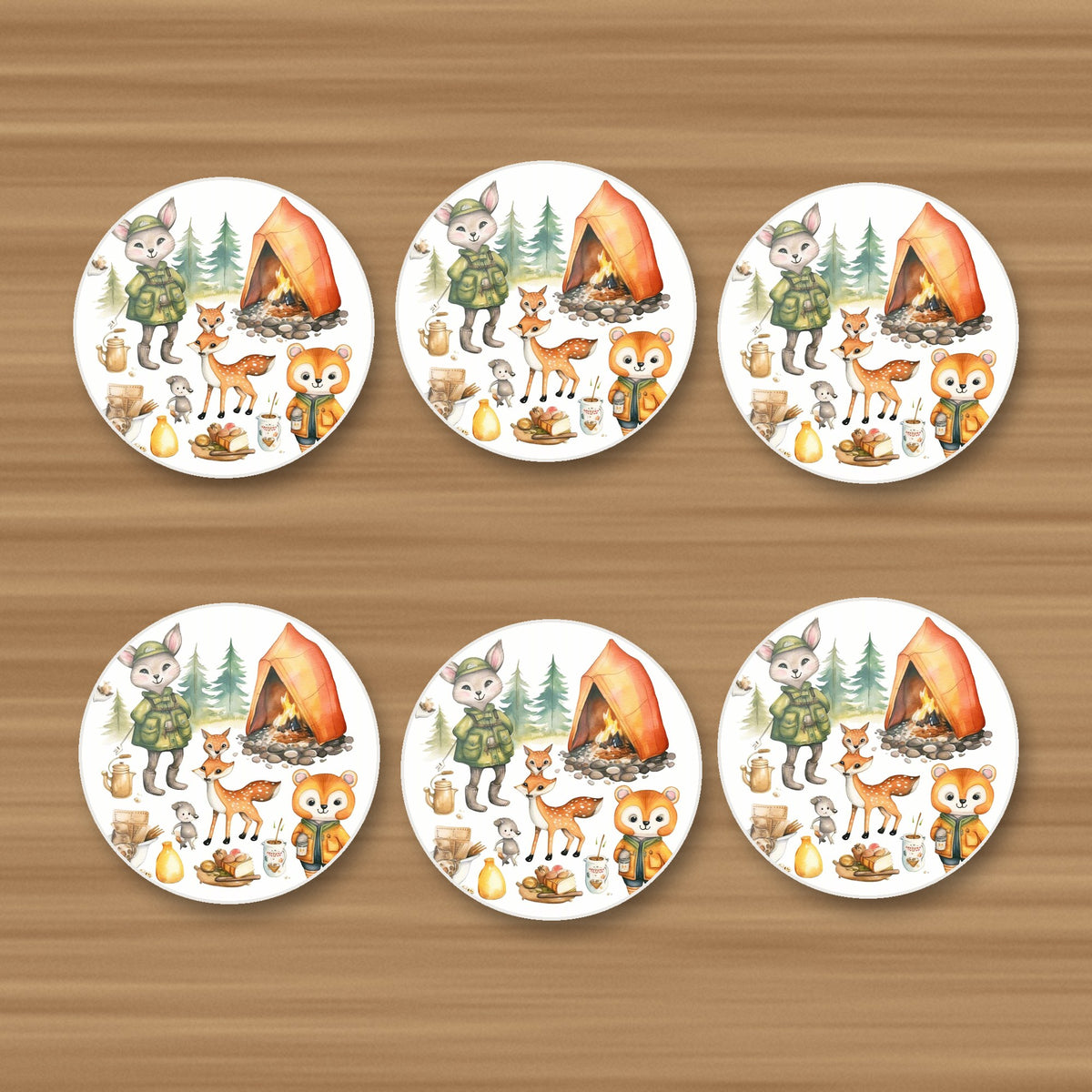 Woodland Camping Friends round ceramic coasters, set of 6, on an oak coffee table