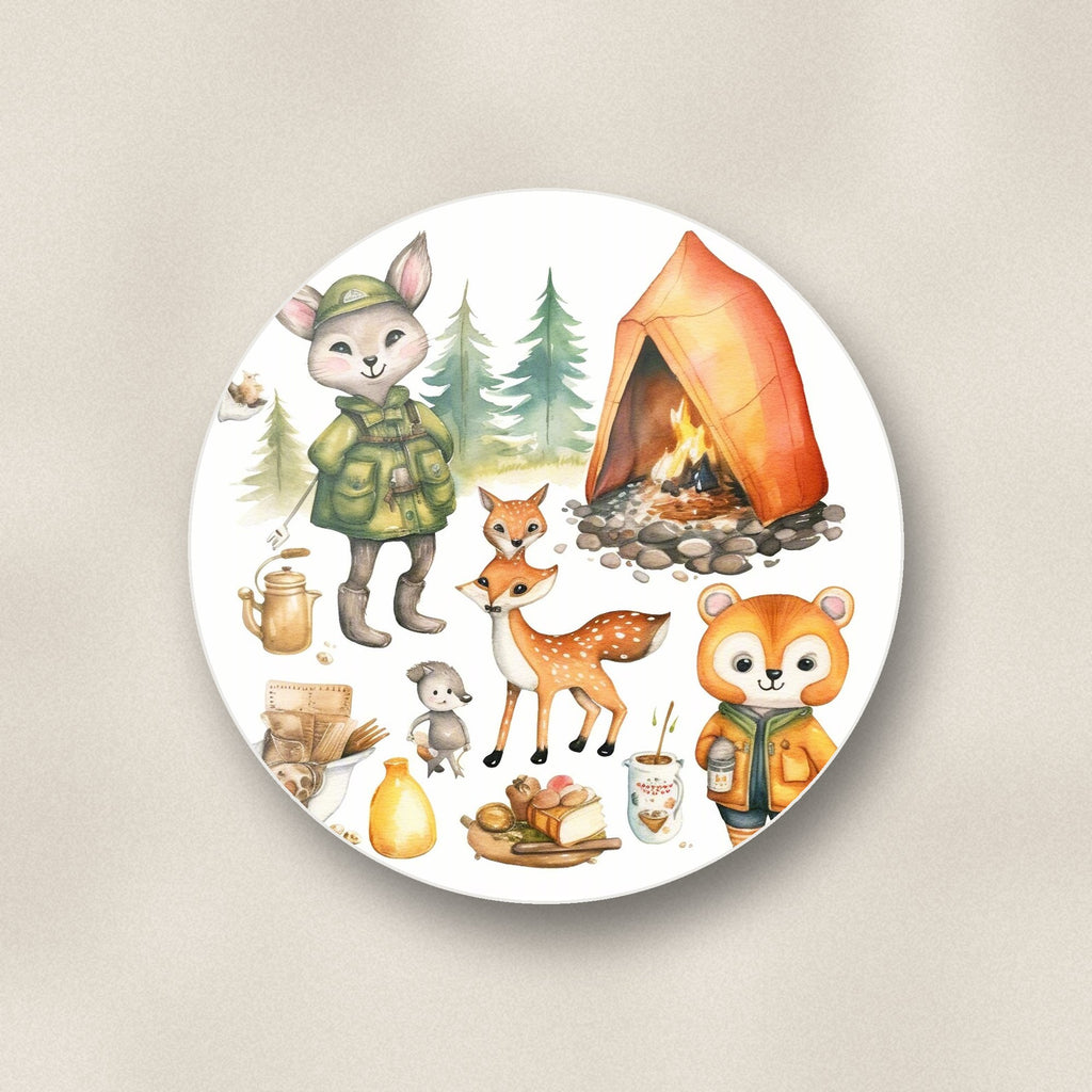 Close-up of one woodland camping friends round ceramic coaster, flat UV print