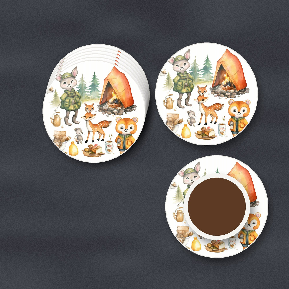 Woodland Camping Friends round ceramic coasters stacked on a slate kitchen worktop