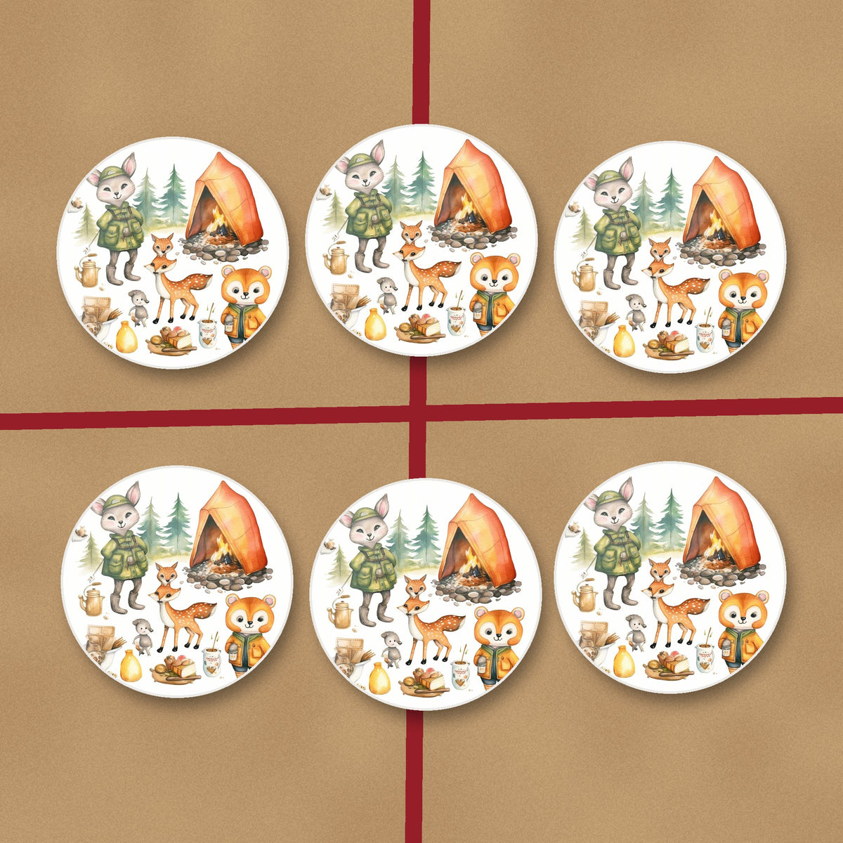 Woodland Camping Friends round ceramic coasters on kraft gift wrap