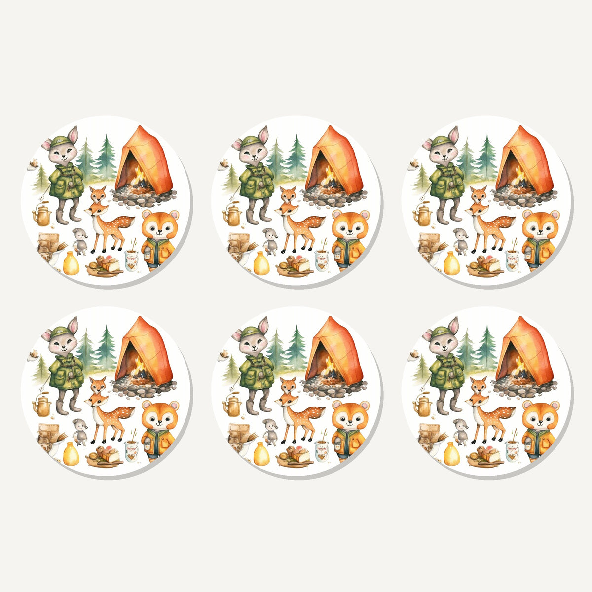 Flat lay of the woodland camping friends artwork on six round coasters