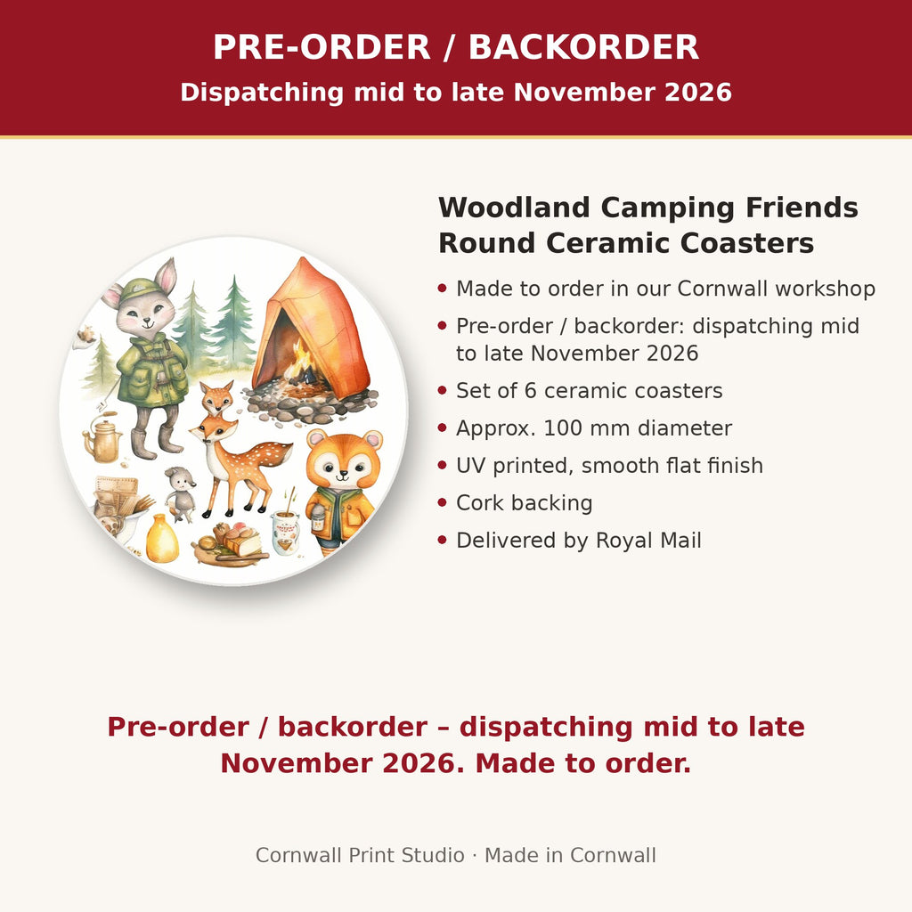 Info card: Woodland Camping Friends Round Ceramic Coasters – Set of 6, made to order, dispatching mid to late November 2026, delivered by Royal Mail