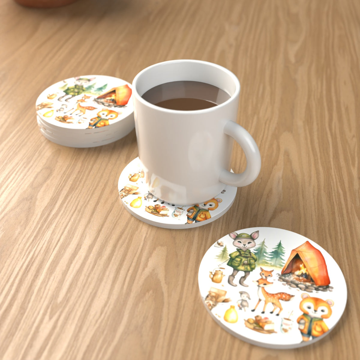 Woodland Camping Friends Round Ceramic Coasters – Set of 6 – lifestyle mockup with a mug of coffee