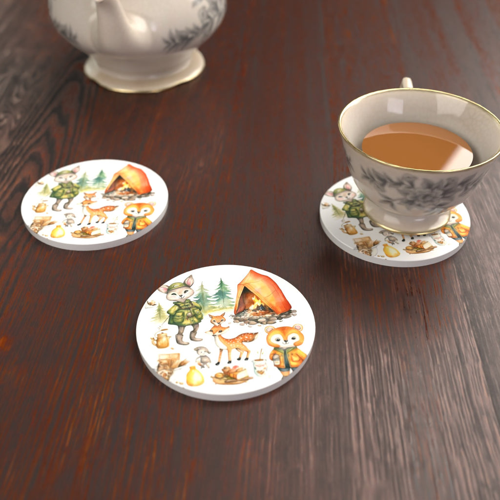 Woodland Camping Friends Round Ceramic Coasters – Set of 6 – lifestyle mockup with a teacup