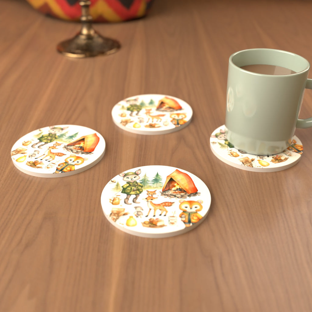 Woodland Camping Friends Round Ceramic Coasters – Set of 6 – cosy lifestyle mockup