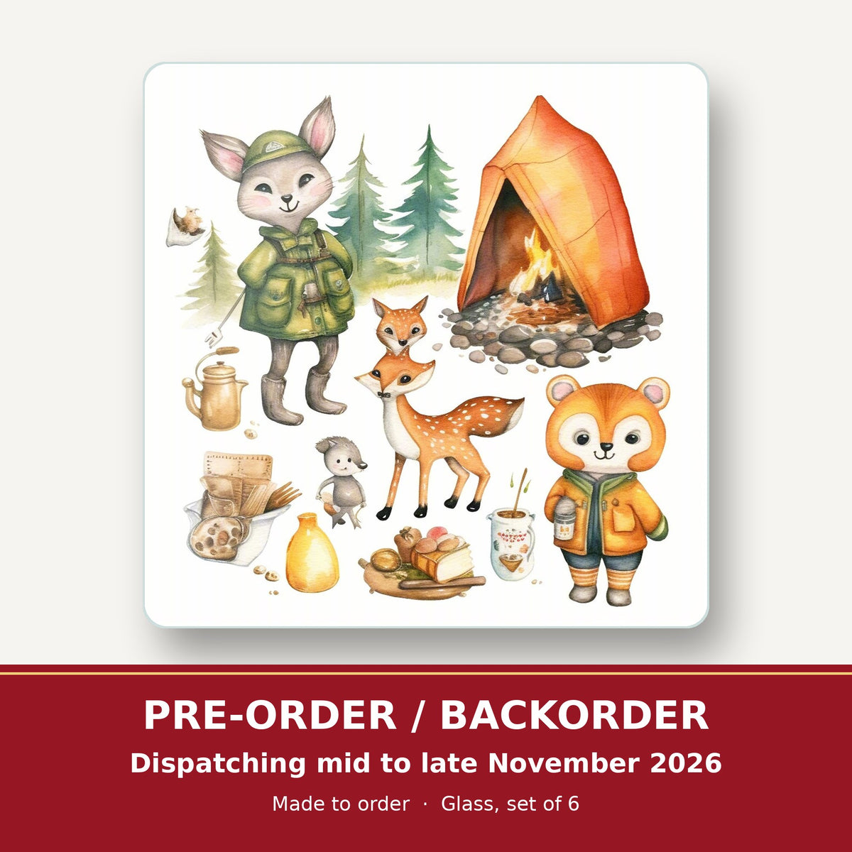 Woodland Camping Friends square glass coaster set of 6 – pre-order / backorder, dispatching mid to late November 2026