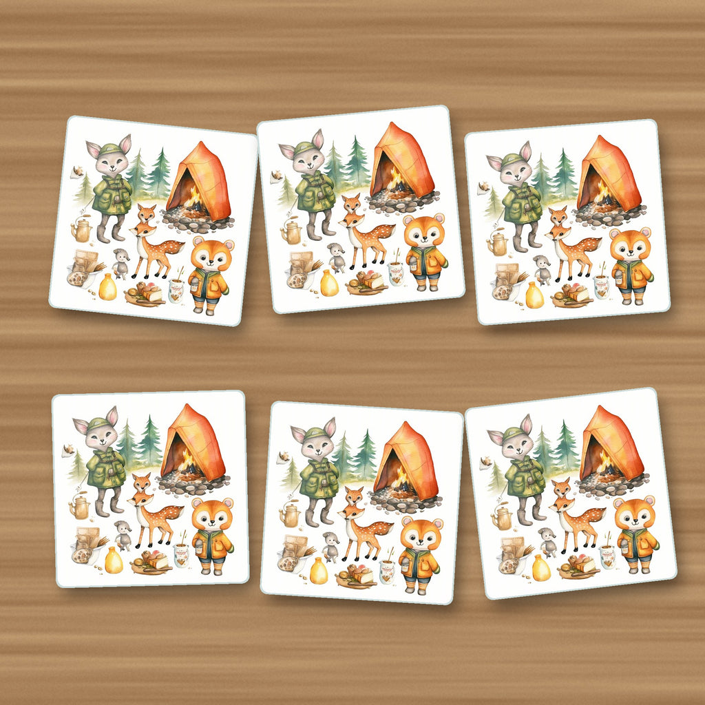 Woodland Camping Friends square glass coasters, set of 6, on an oak coffee table
