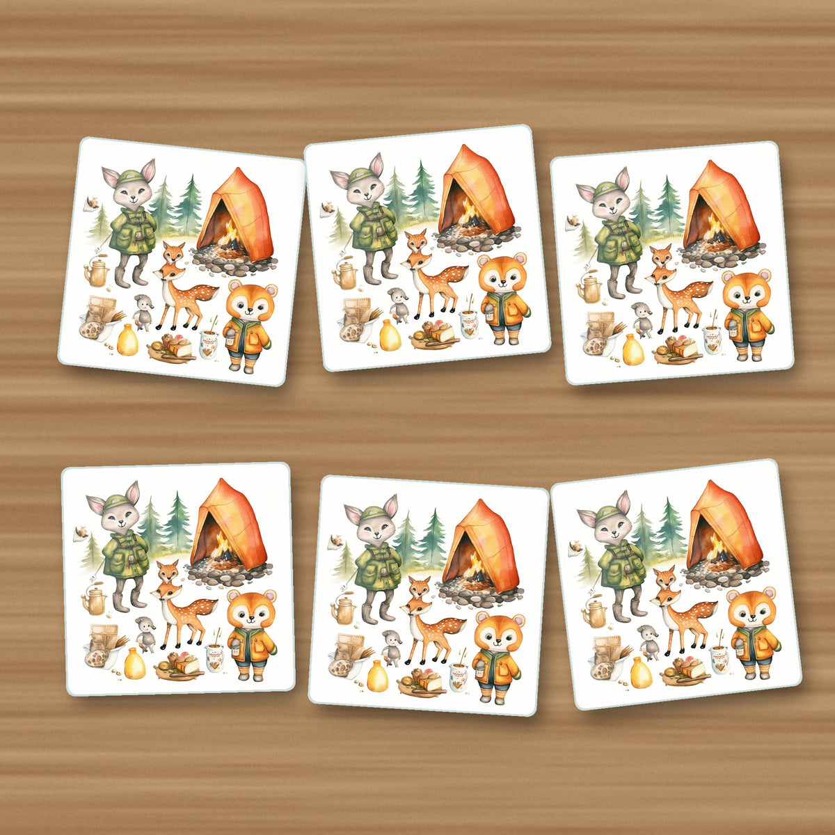 Woodland Camping Friends square glass coasters, set of 6, on an oak coffee table