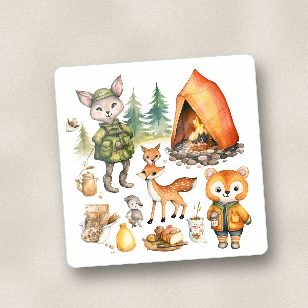 Close-up of one woodland camping friends square glass coaster, flat UV print