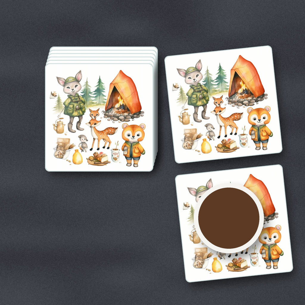 Woodland Camping Friends square glass coasters stacked on a slate kitchen worktop