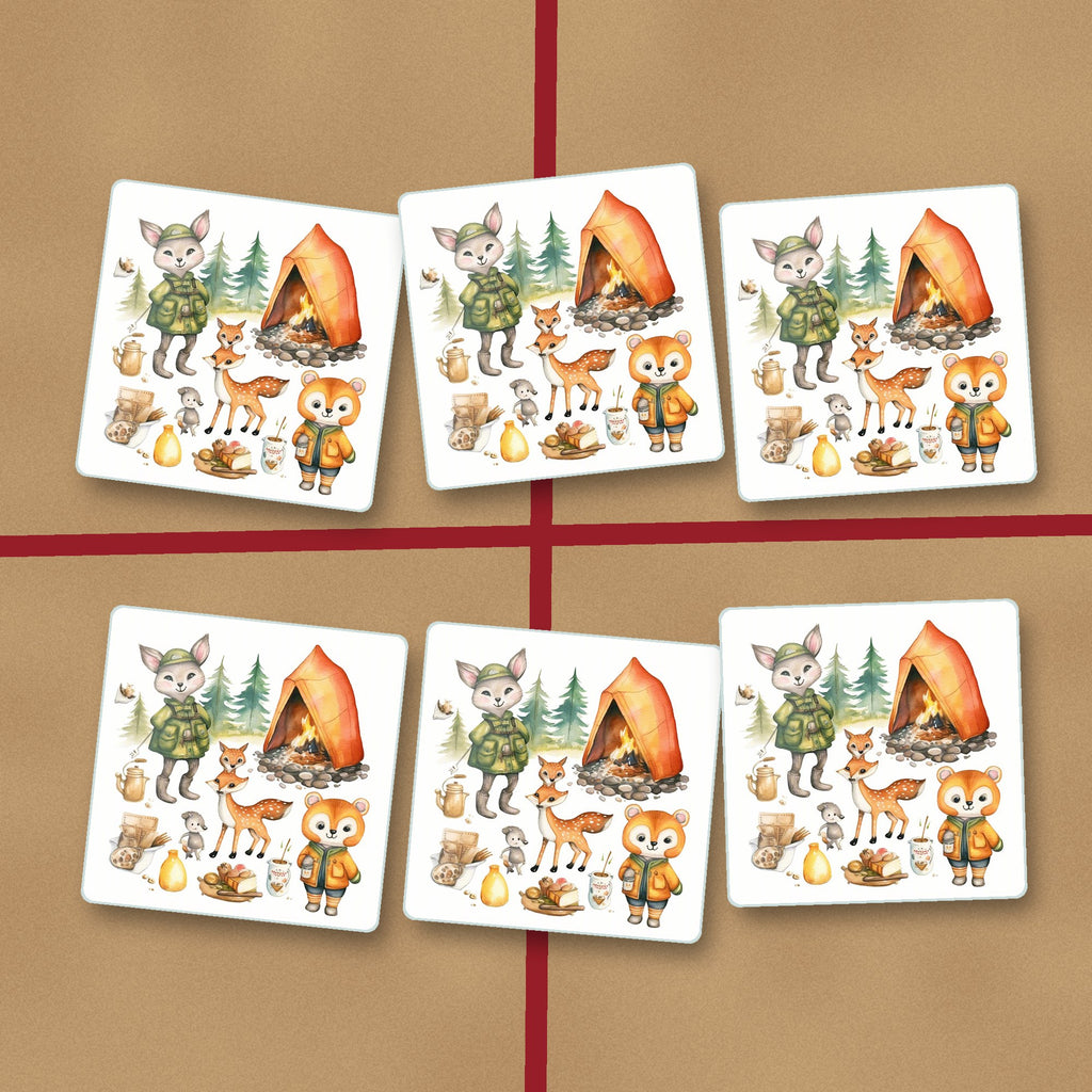Woodland Camping Friends square glass coasters on kraft gift wrap
