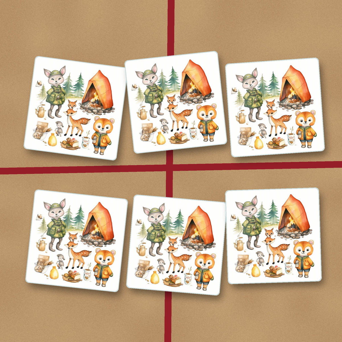 Woodland Camping Friends square glass coasters on kraft gift wrap