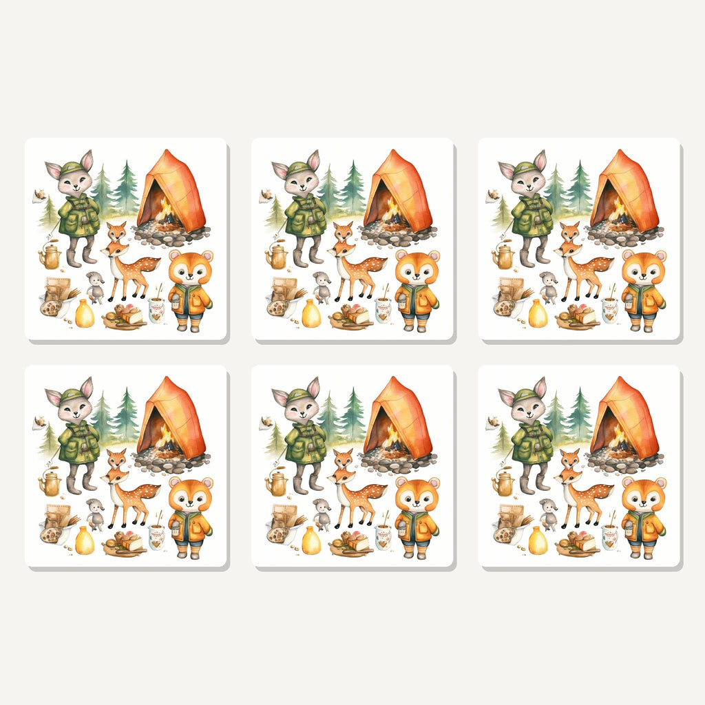 Flat lay of the woodland camping friends artwork on six square coasters