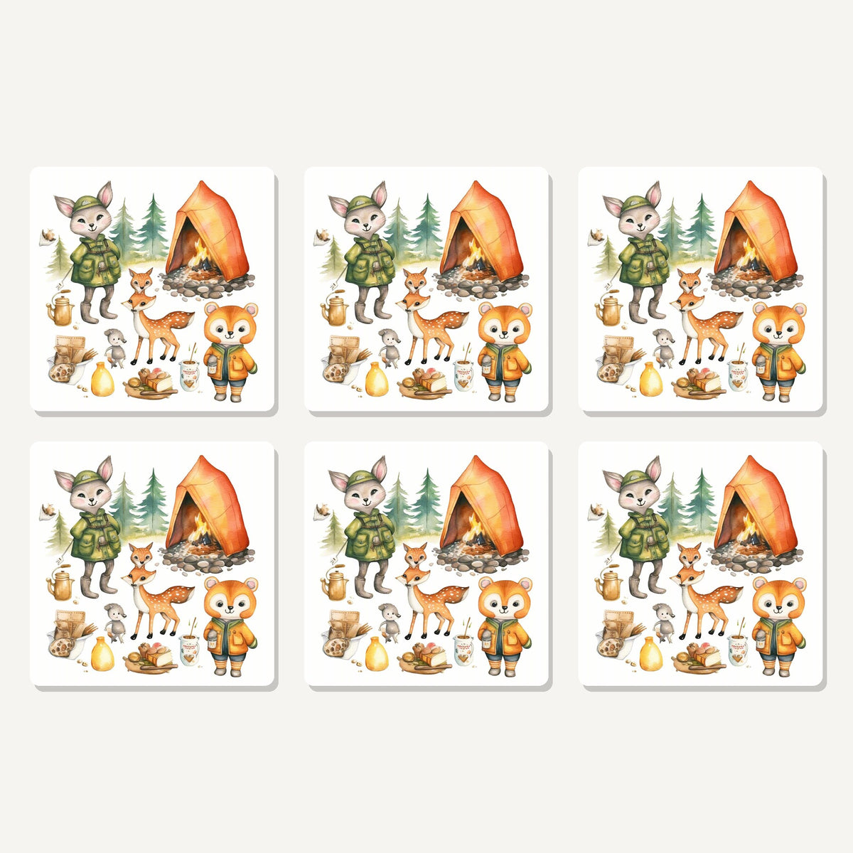 Flat lay of the woodland camping friends artwork on six square coasters