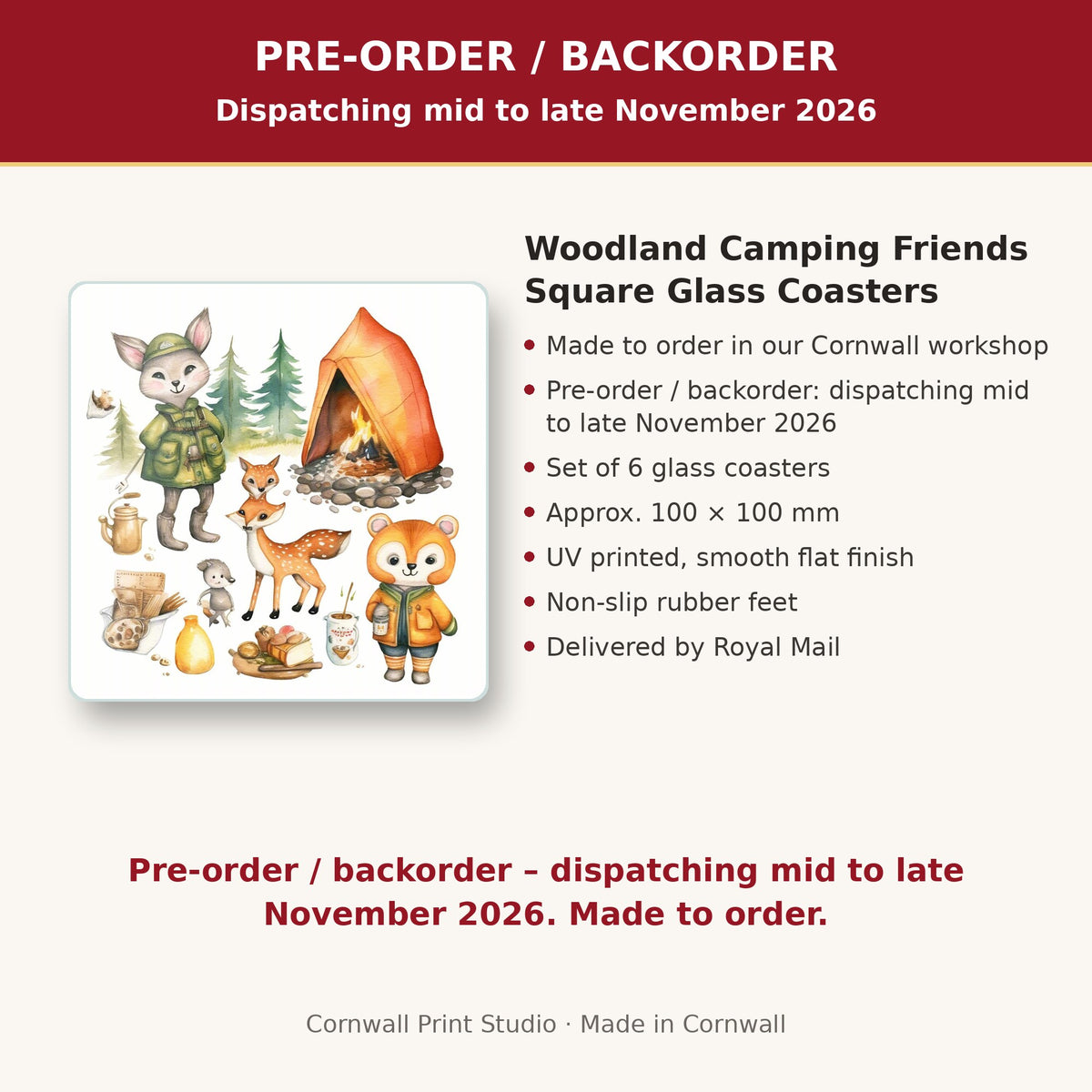Info card: Woodland Camping Friends Square Glass Coasters – Set of 6, made to order, dispatching mid to late November 2026, delivered by Royal Mail