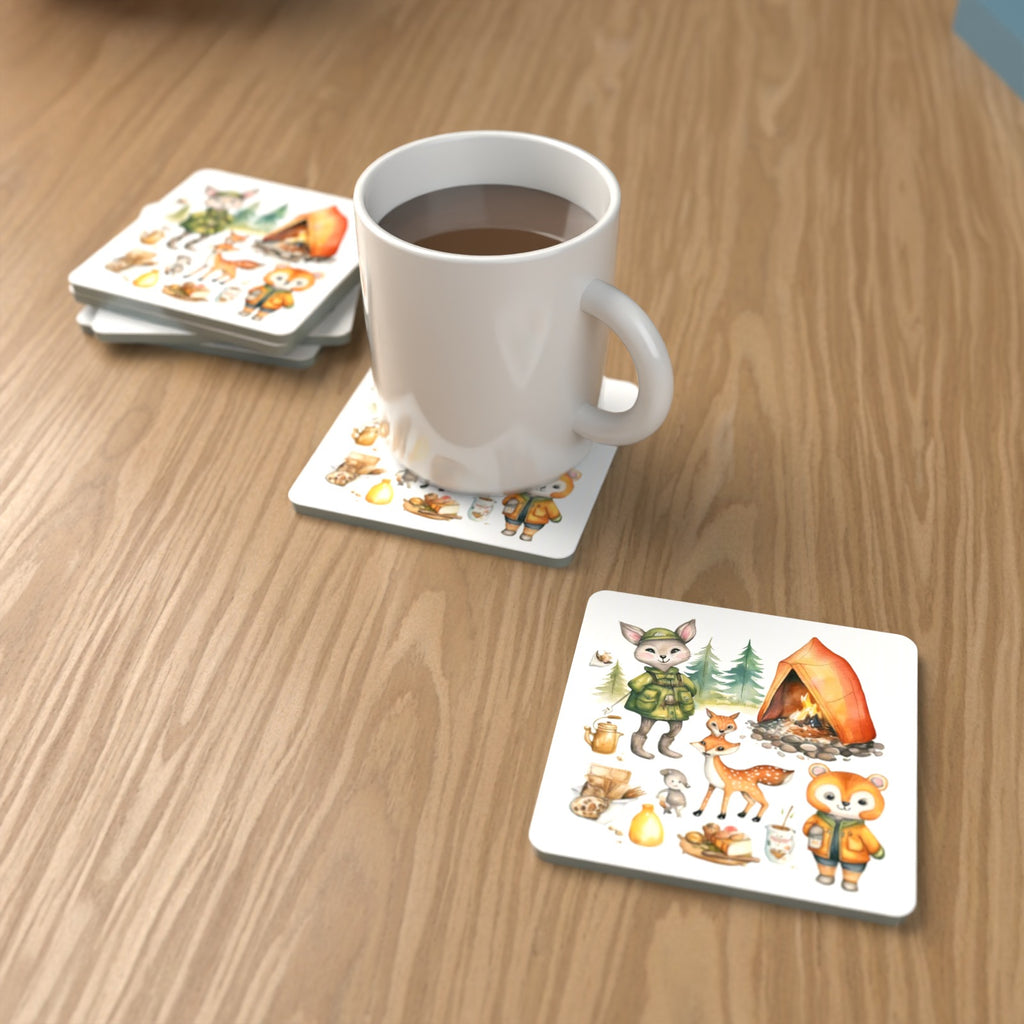 Woodland Camping Friends Square Glass Coasters – Set of 6 – lifestyle mockup with a mug of coffee