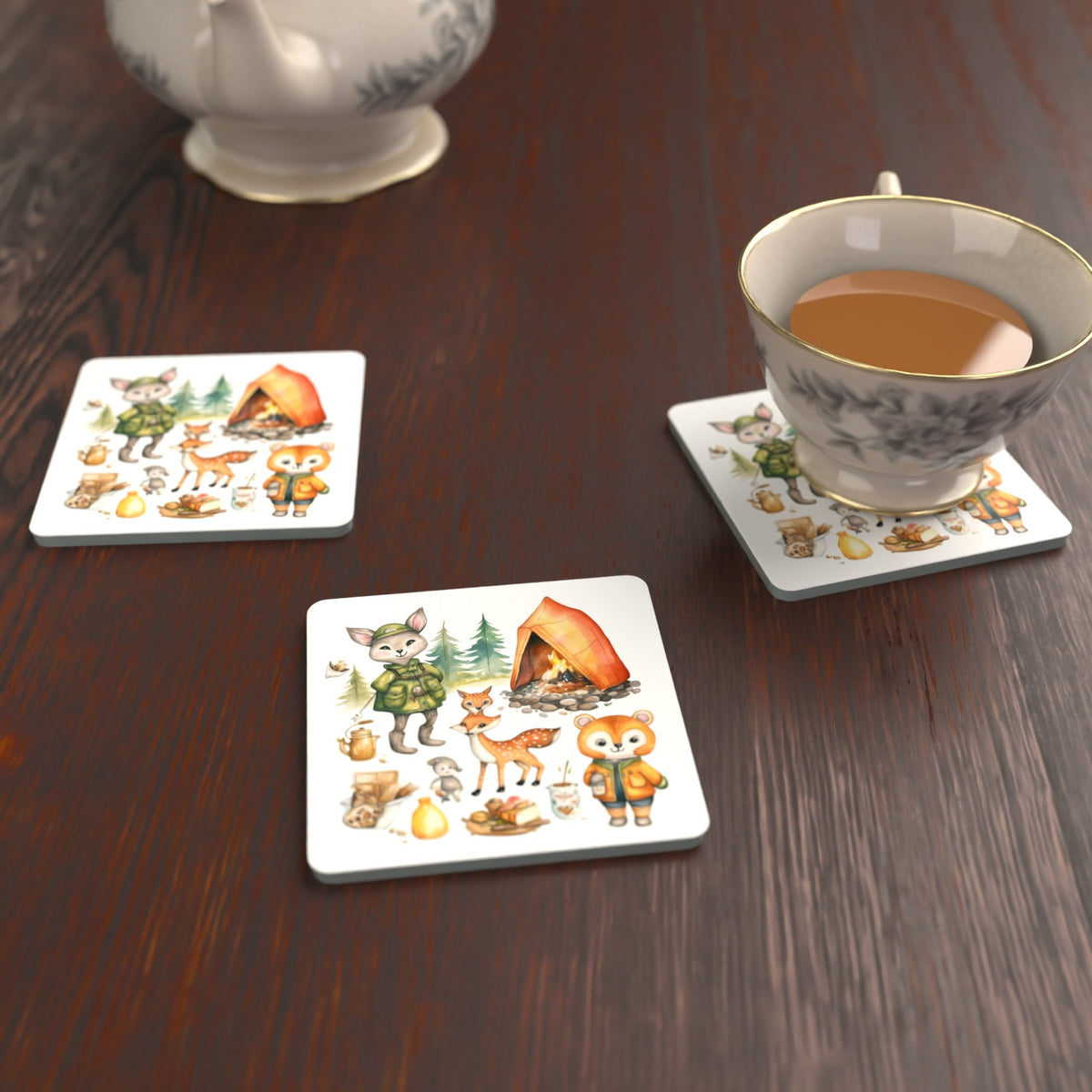 Woodland Camping Friends Square Glass Coasters – Set of 6 – lifestyle mockup with a teacup