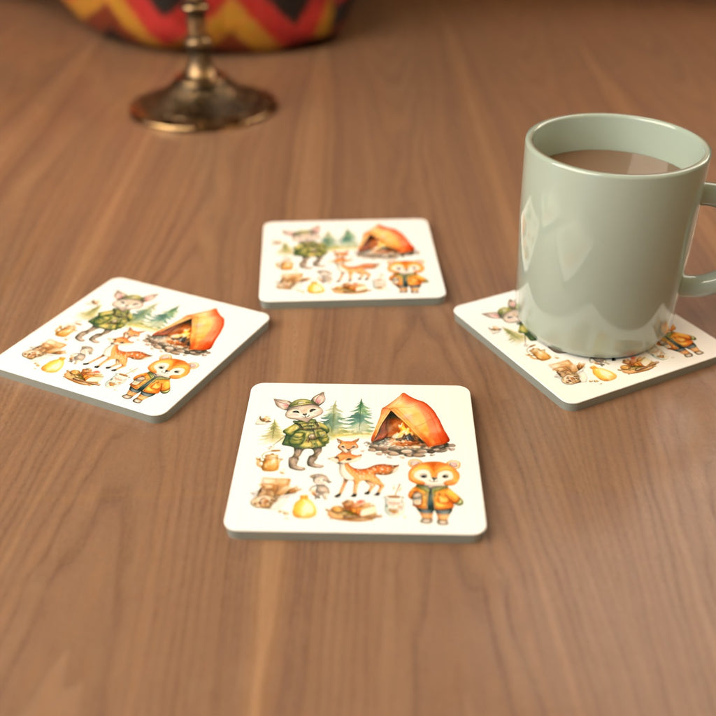 Woodland Camping Friends Square Glass Coasters – Set of 6 – cosy lifestyle mockup
