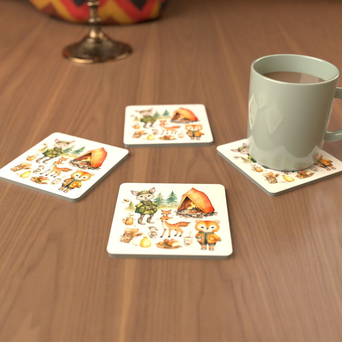 Woodland Camping Friends Square Glass Coasters – Set of 6 – cosy lifestyle mockup