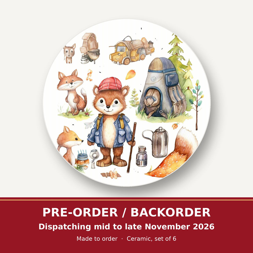 Woodland Fox Camping Adventure round ceramic coaster set of 6 – pre-order / backorder, dispatching mid to late November 2026