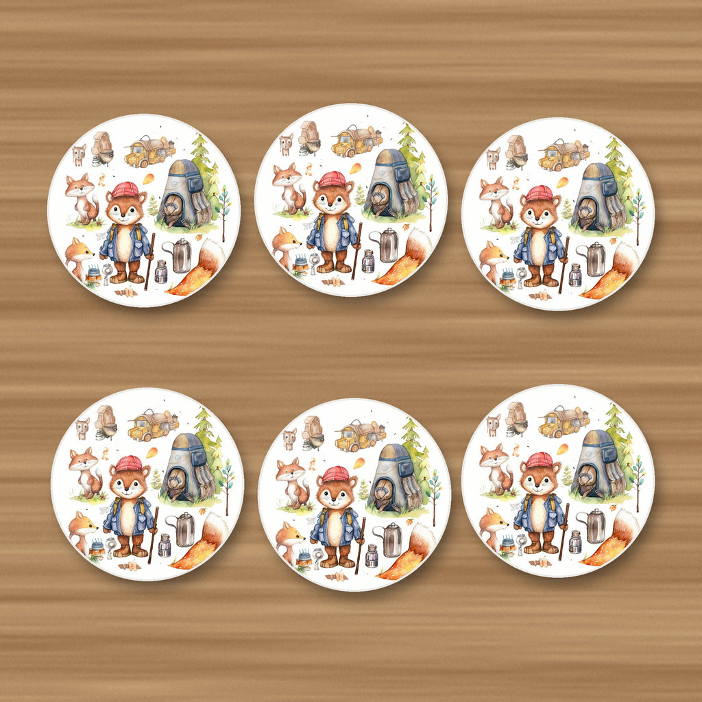 Woodland Fox Camping Adventure round ceramic coasters, set of 6, on an oak coffee table