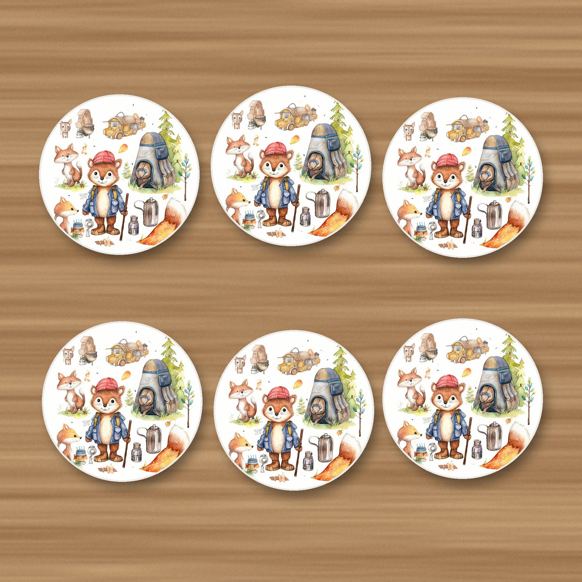 Woodland Fox Camping Adventure round ceramic coasters, set of 6, on an oak coffee table