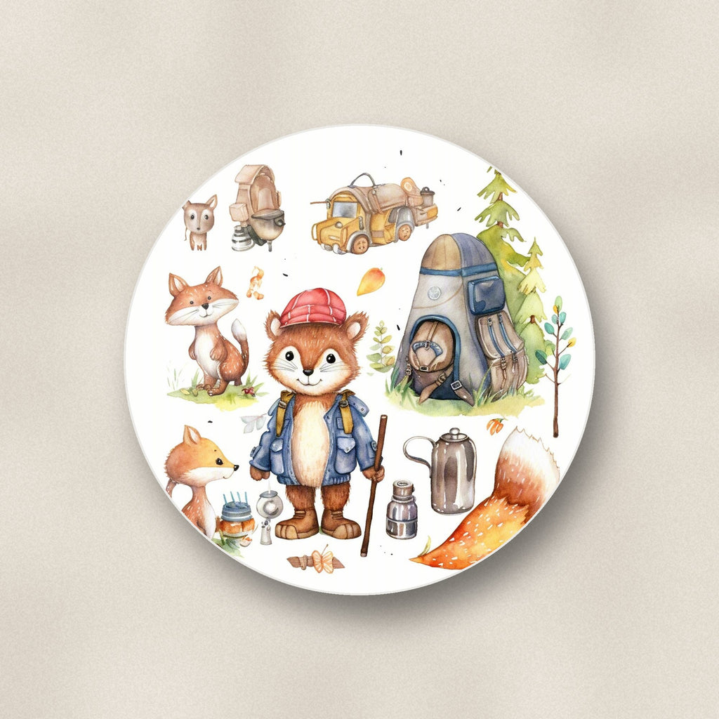 Close-up of one woodland fox camping adventure round ceramic coaster, flat UV print