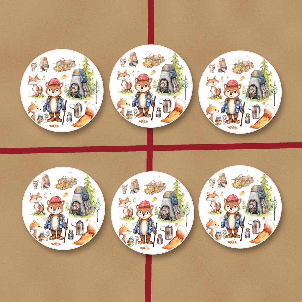 Woodland Fox Camping Adventure round ceramic coasters on kraft gift wrap