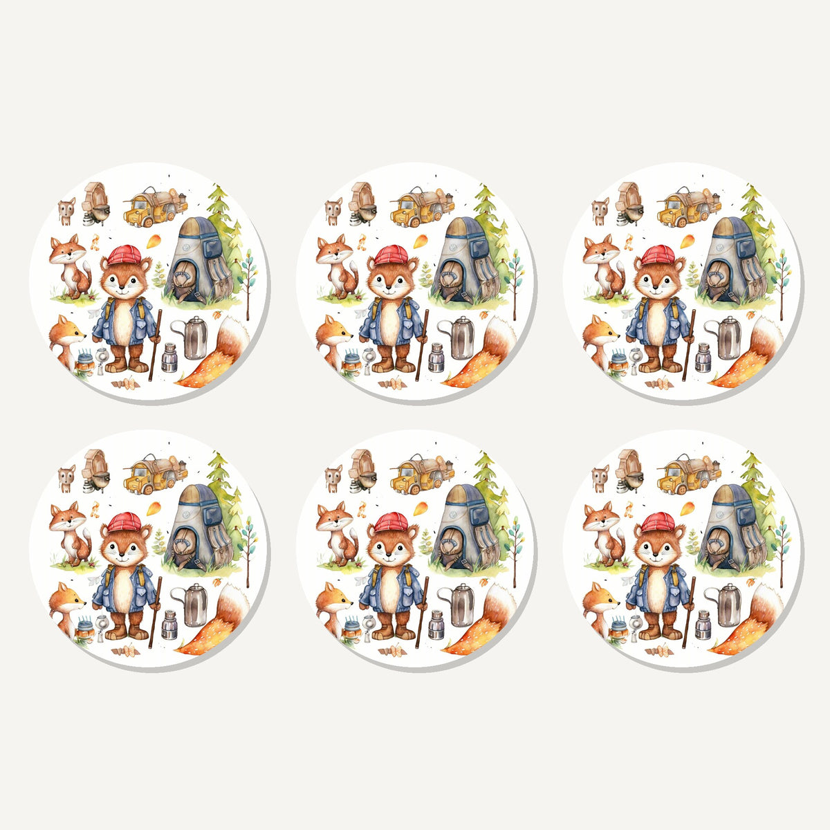 Flat lay of the woodland fox camping adventure artwork on six round coasters