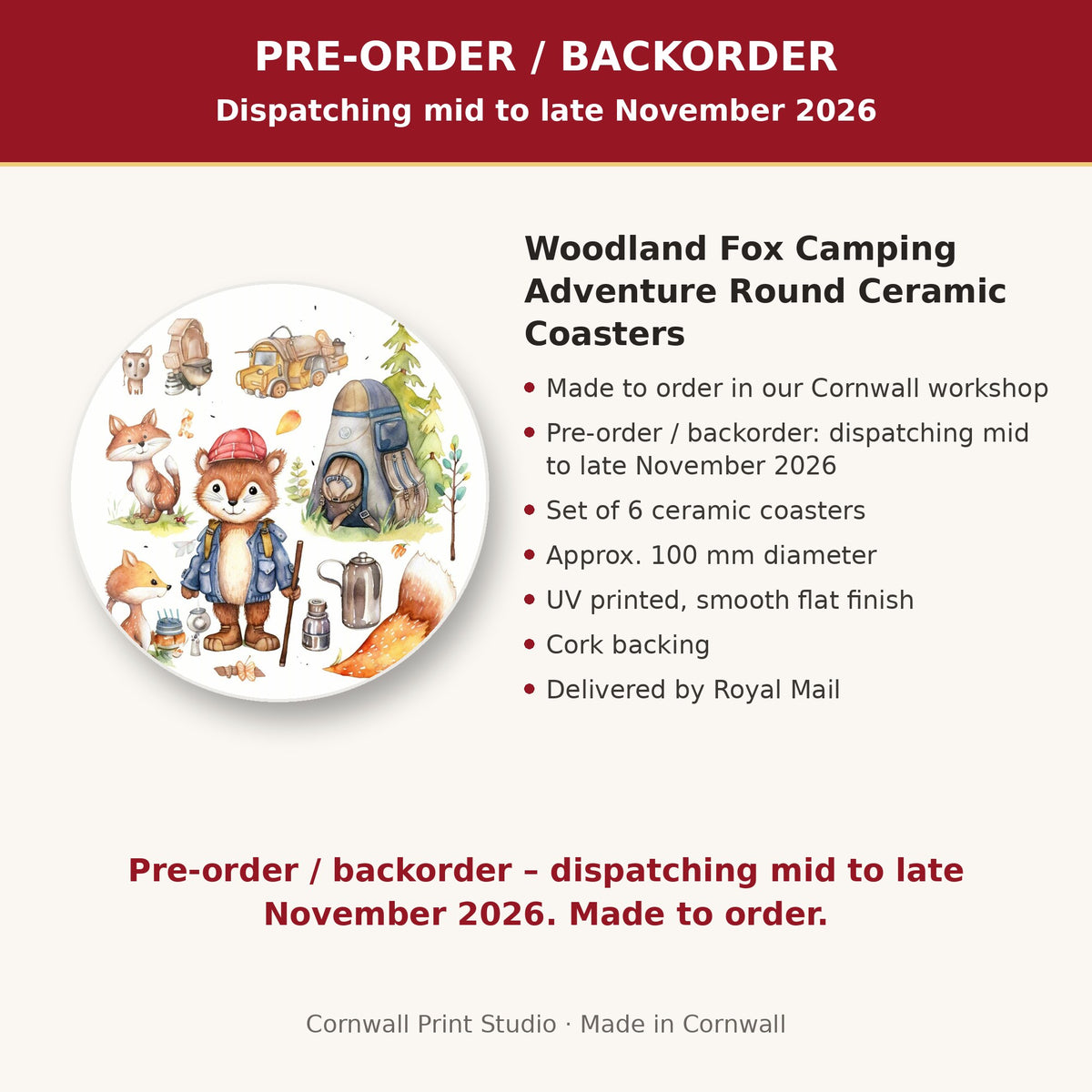 Info card: Woodland Fox Camping Adventure Round Ceramic Coasters – Set of 6, made to order, dispatching mid to late November 2026, delivered by Royal Mail