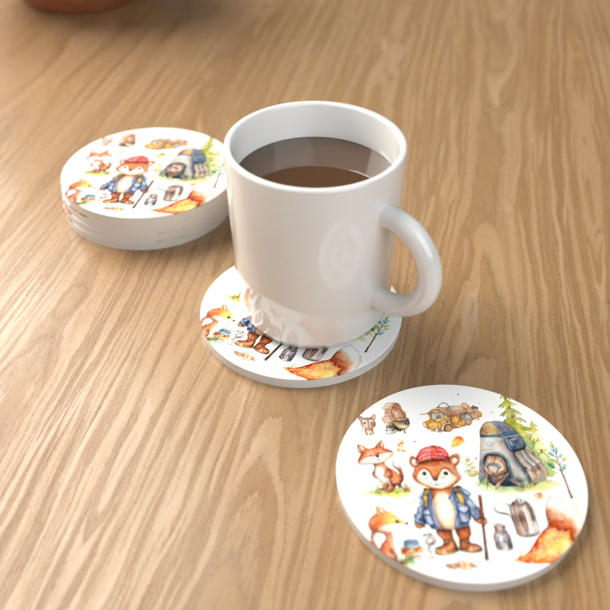 Woodland Fox Camping Adventure Round Ceramic Coasters – Set of 6 – lifestyle mockup with a mug of coffee